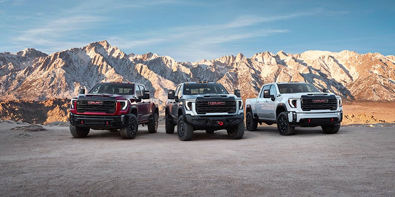 a line up of 2024 GMC Sierra 1500 in different colors and trim level in front a mountain range.